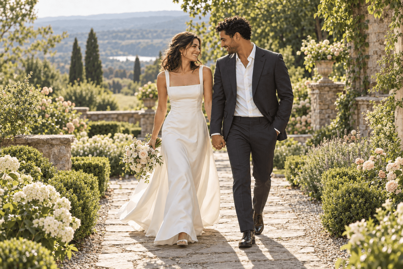 Marin and James walking hand in hand along a garden path.